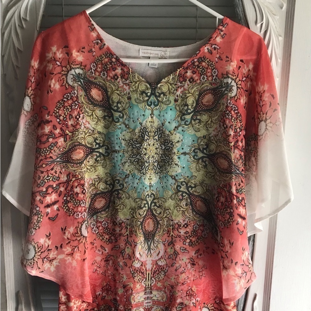 Womens Jeweled  Floral Tank Top Sheer Overlay Poncho  Size Small
